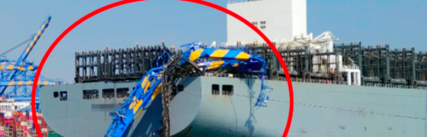 C/V MILANO BRIDGE Allides With Shoreside Container Crane; Brings It Down… [Busan, South Korea – 06 April 2020]
