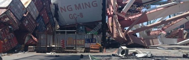 C/V OOCL DURBAN Allides with Ship-To-Shore Container Gantry Crane… Bringing It (and another) Down.  [Kaohsiung, Taiwan – 03 June 2021]